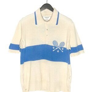 Thom Browne Ivory Blue Tennis Theme Cashmere Short Sleeves Polo Shirt
